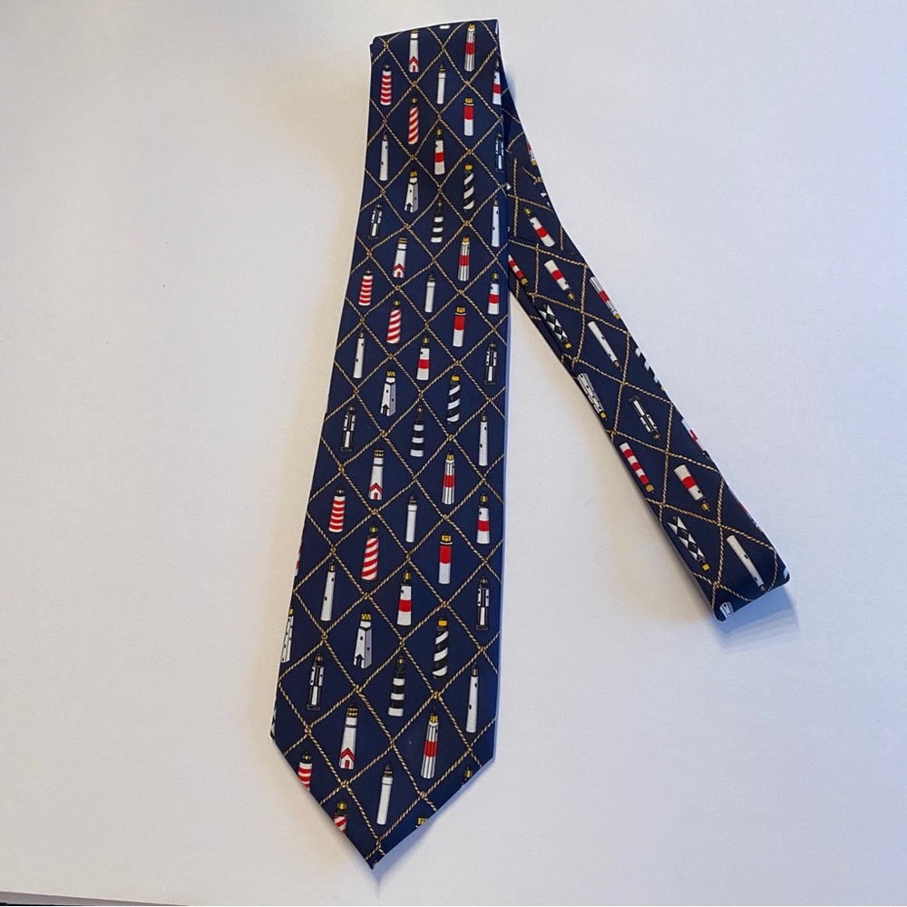 Nautical “Lighthouse” Men’s Navy 100% Silk Neck Tie by Eric Holch for Alynn